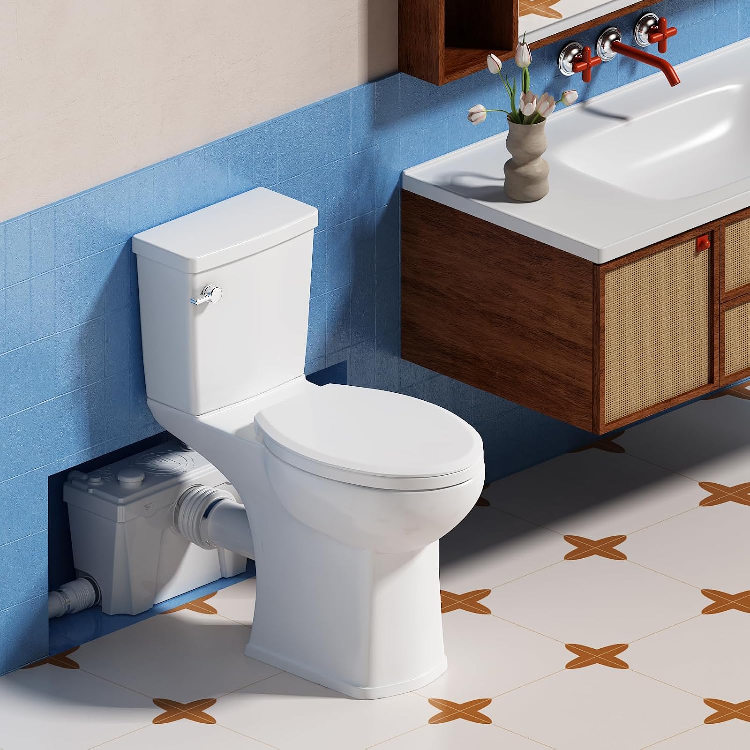 Upflush Macerating Toilet System – 21' ADA Compliant Tall Toilet with Macerator Pump Durable Copper Grinder with 4 Inlets for Basement Kitchen, Shower, Sink & Laundry, Extension Pipe Included