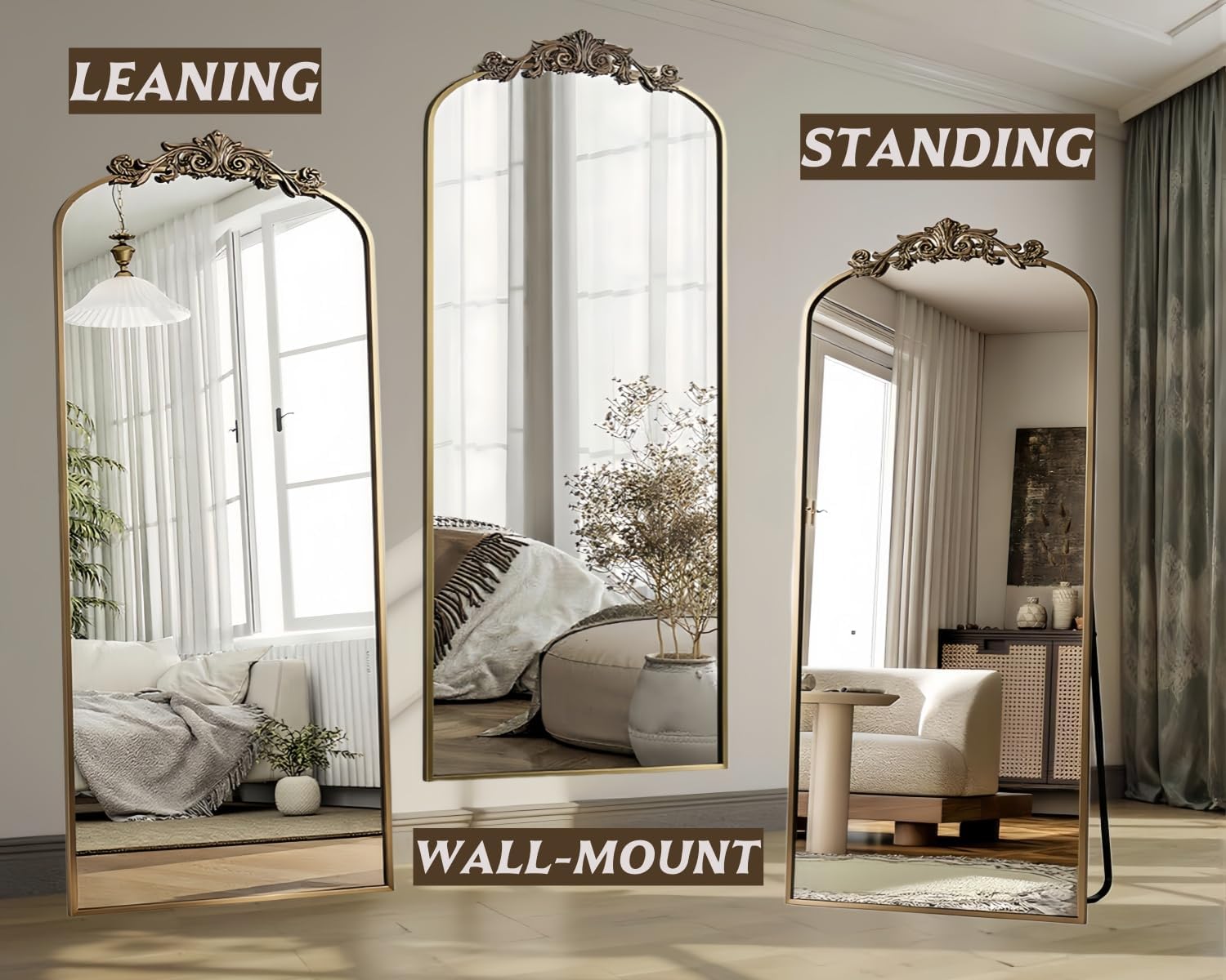 Dewfig Arched Full Length Mirror, 71'x28' Full Body Mirrors with Carved, Floor Mirror for HomeDecor, Standing/Halling Large Wall Mirror for Bedroom, Living Room, Cloakroom, Bronze, Retro Style