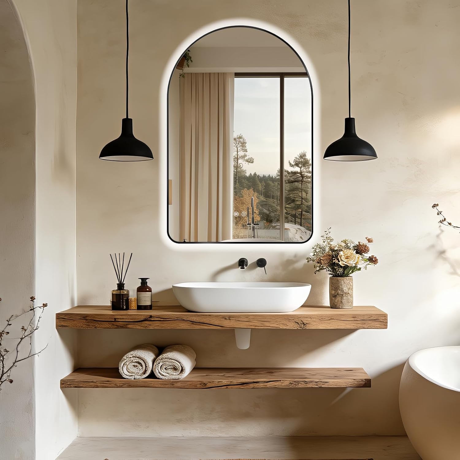 Arched LED Bathroom Mirror, 36'x24' Black Framed Arch Backlit Vanity Mirror with Lights, Anti-Fog, 3 Colors, Dimmable, Adjustable Brightness, Waterproof, UL Listed