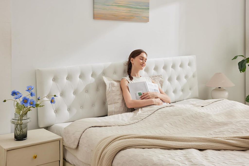 Kingfun Tufted Upholstered King Size Bed Headboard in Modern Button Design, Adjustable Solid Wood Head Board, Premium Velvet Fabric Padded Headboards in Bedroom (White)