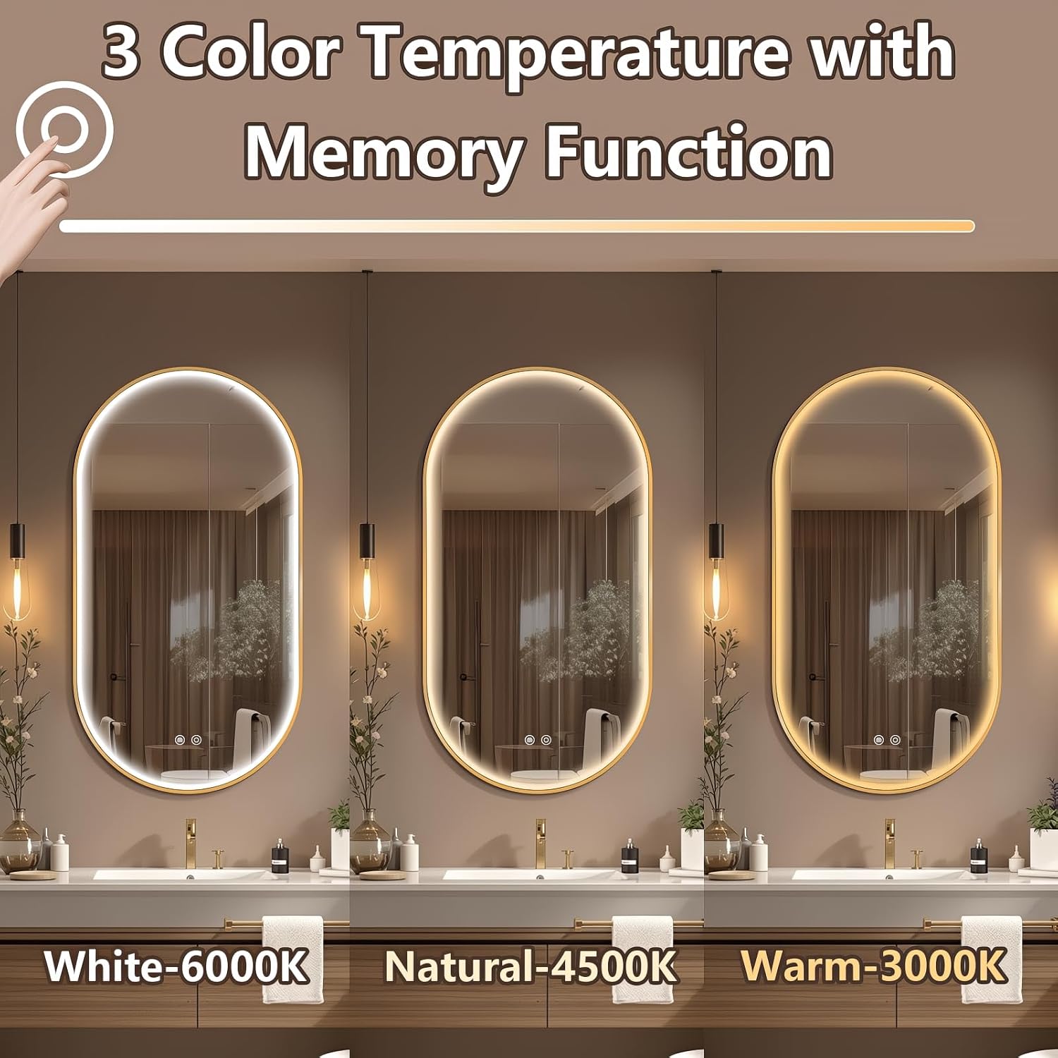 36'x24' Oval Led Mirror for Bathroom, Gold Metal Framed Lighted Vanity Mirror with Lights, Anti-Fog Light Up Mirror with 3 Colors Dimmable, Frontlit, Shatterproof, Horizontal/Vertical