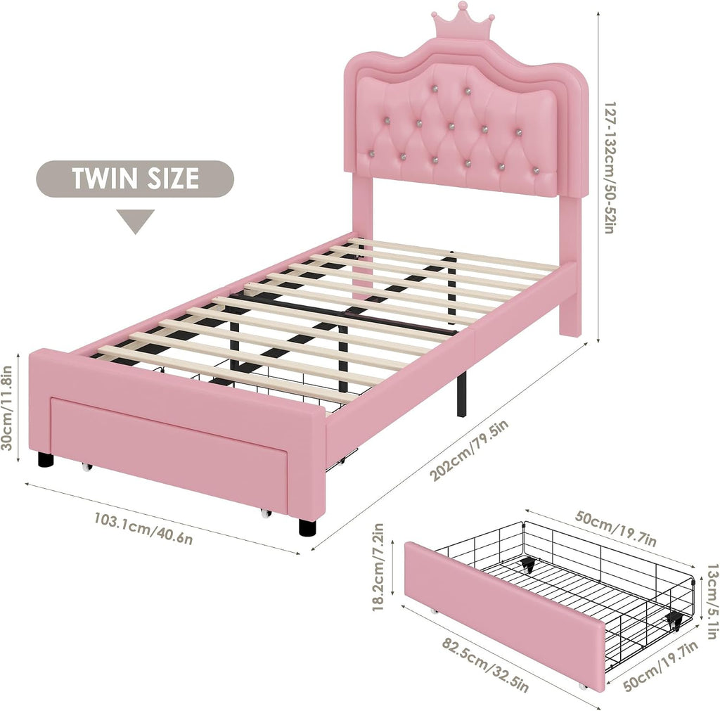 Keyluv 2 Set Twin Upholstered LED Bed Frame with Storage Drawer for Kid, Leather Princess Platform Bed with Adjustable Crystal Button Tufted Crown Headboard, Solid Woode Slats Support, Pink