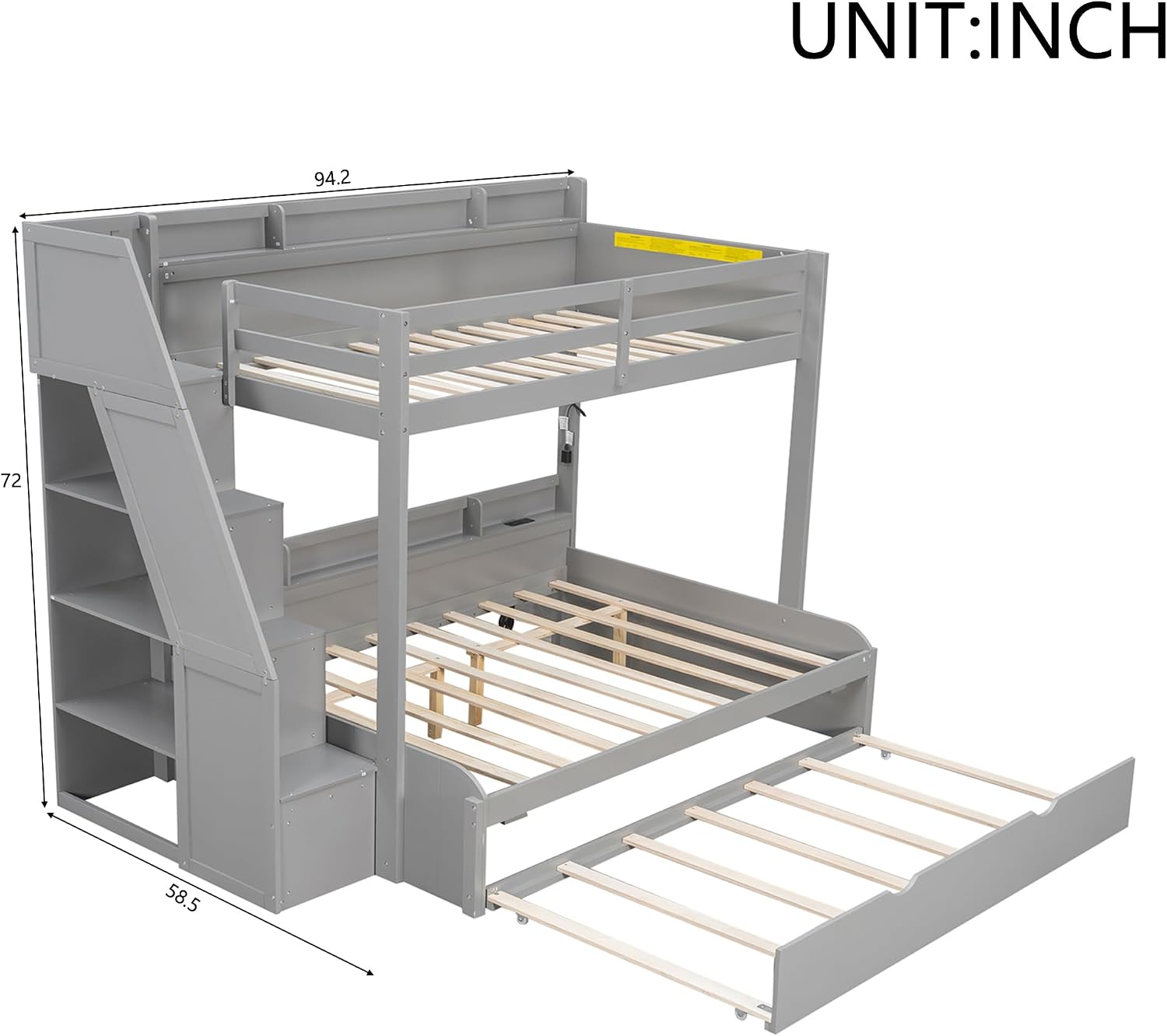 Twin Over Full Bunk Bed with Storage Staircase and Trundle,Storage Shelves, LED and USB,for Kids Teens Adults Bedroom Use (Grey-USB, Twin Over Full)