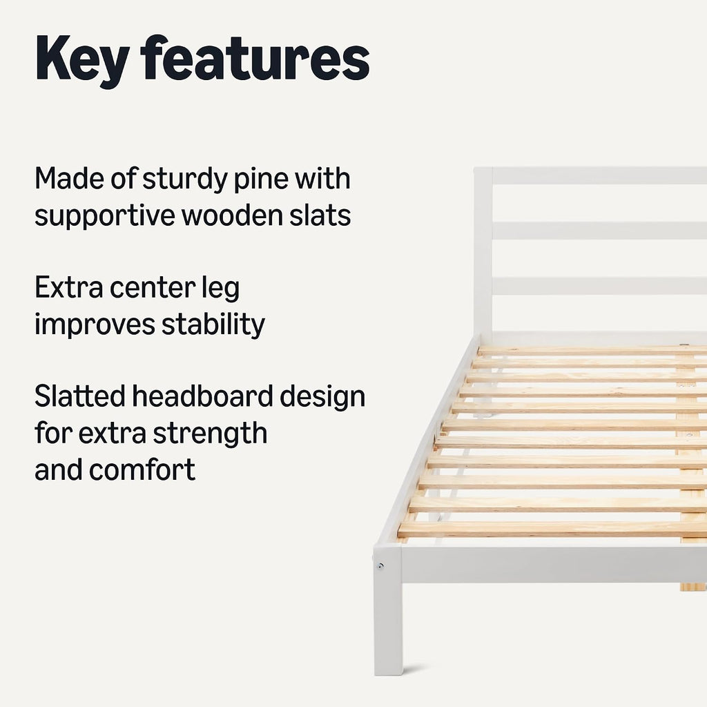 Amazon Basics Full Bed Frame with Headboard, Solid Pine Wood with Bed Slats, White