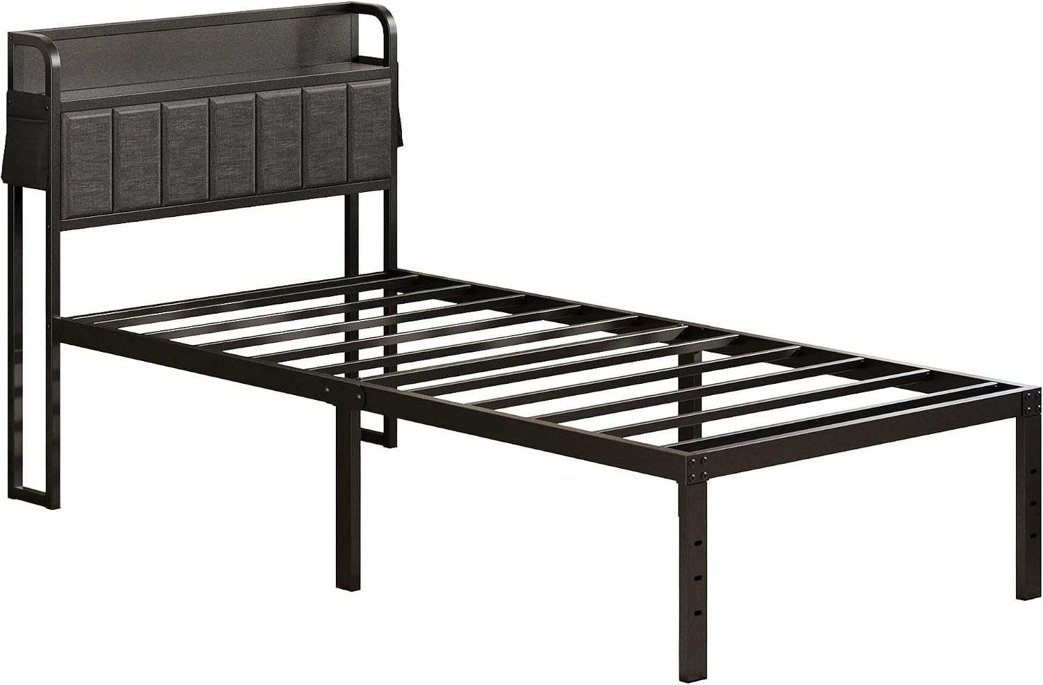 Lutown-Teen 16 Inch Twin Bed Frames with Upholstered Storage Headboard, Heavy Duty Twin Platform Bed No Box Spring Needed, Noise Free, Easy Assembly, Gray