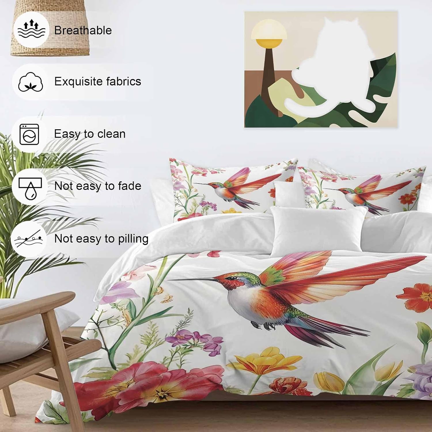 Retro Duvet Cover Set Queen Size 4 Pieces Hummingbird Colorful Floral Pastoral Spring Scenery Bedding Set with Zipper Closure, 1 Comforter Cover 90x92 Inches 1 Flat Sheet & 2 Pillow Cases