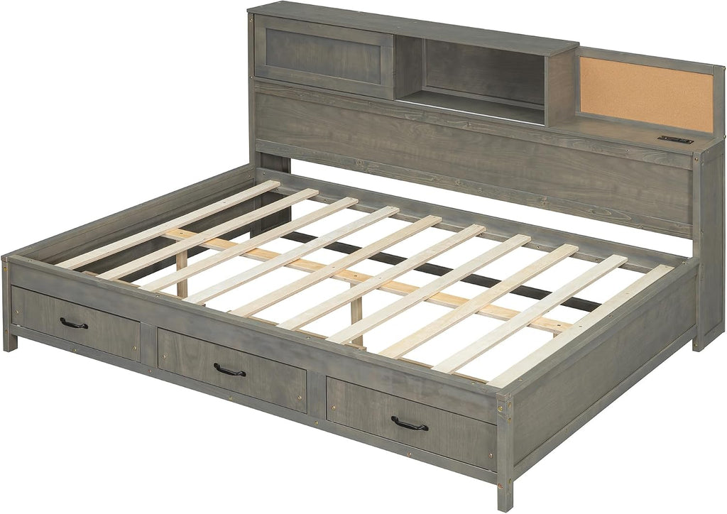 Wooden Daybed with 3 Storage Drawers, Upper Soft Board, Shelf, and a Set of Sockets and USB Ports, Full Size, Gray