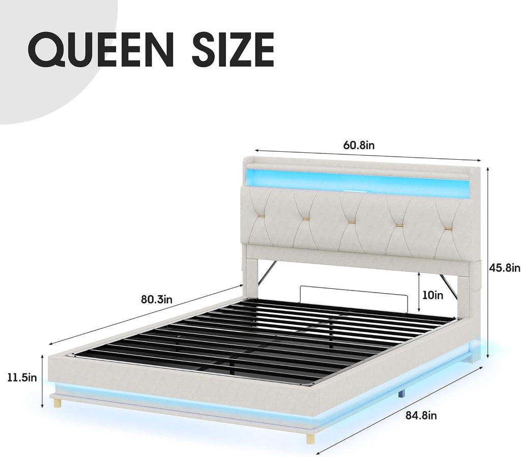 Fameill Queen Size Lift Up Storage Bed Frame, Storage Headboard with Charging Station, LED Lights Upholstered Platform Bed, No Box Spring Needed, Noise-Free, Beige White
