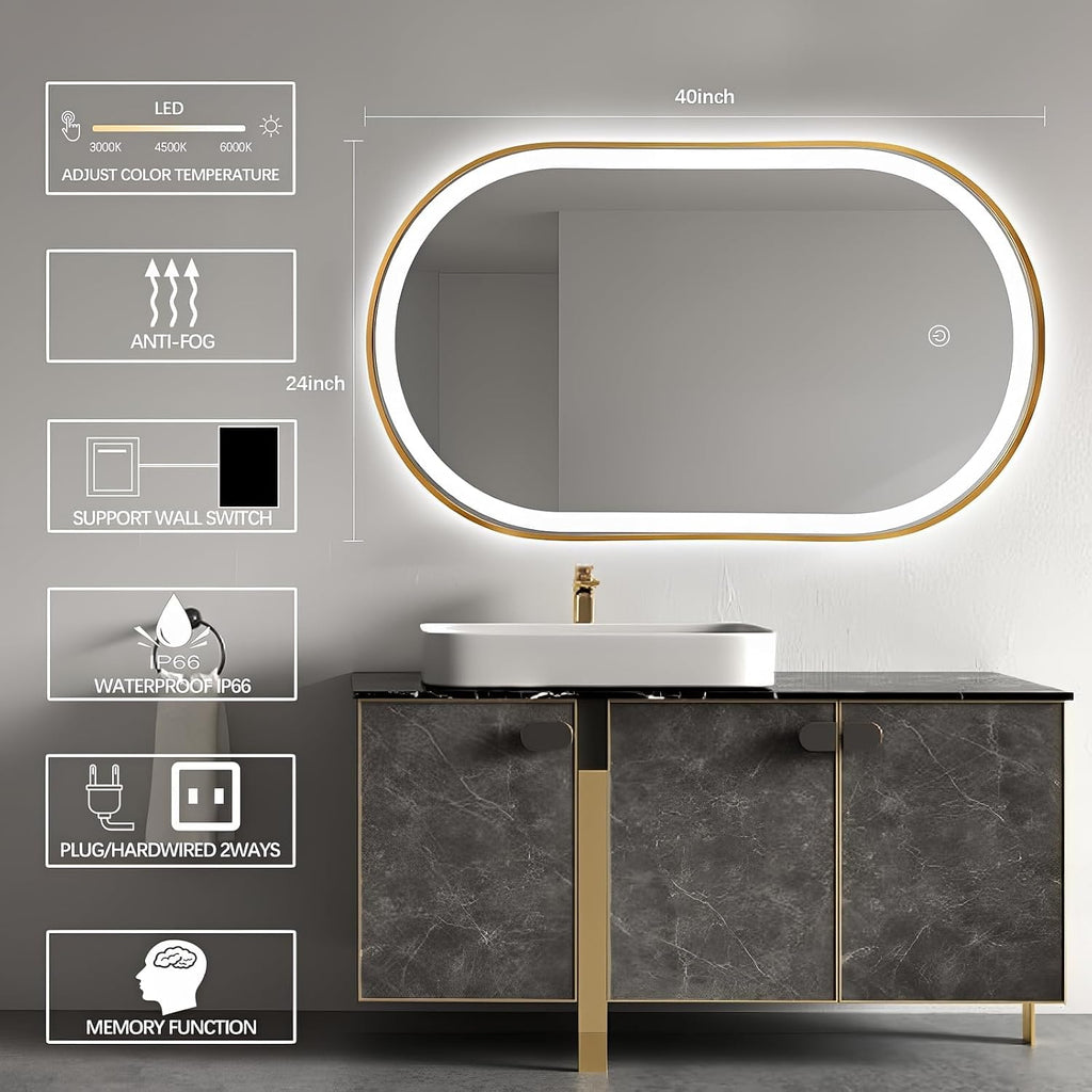 40'x24' Oval LED Bathroom Mirror with Lights, Gold Anti Fog Lighted Vanity Mirror Wall Mounted, LED Oval Mirror with 3 Colors, Memory, ShatterProof, Front/Backlit, Horizontal/Vertical