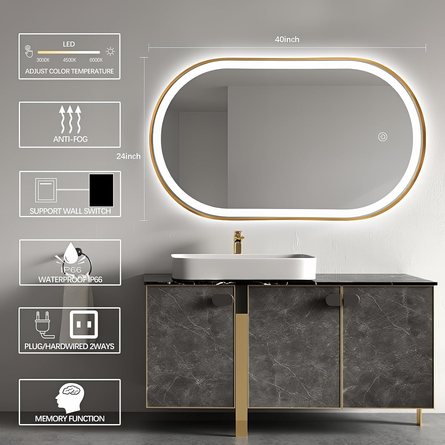 40'x24' Oval LED Bathroom Mirror with Lights, Gold Anti Fog Lighted Vanity Mirror Wall Mounted, LED Oval Mirror with 3 Colors, Memory, ShatterProof, Front/Backlit, Horizontal/Vertical