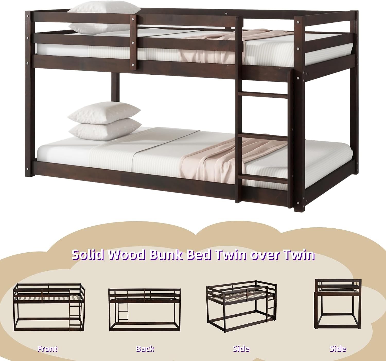 Bunk Bed Twin Over Twin, Floor Bunk Bed w Ladder, Safety Guard Rails, Heavy Duty Wooden Twin Bunk Beds Low Bunkbeds No Box Spring Required, Espresso