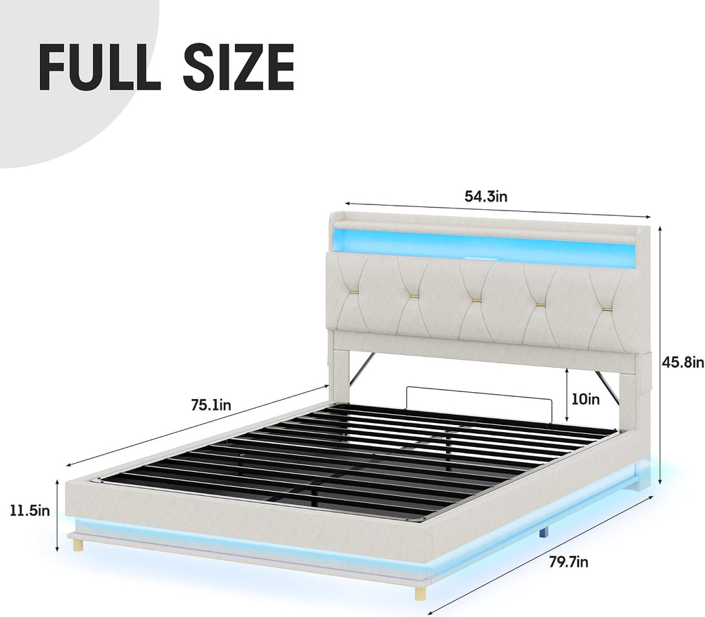 Fameill Full Size Lift Up Storage Bed Frame, Storage Headboard with Charging Station, LED Lights Upholstered Platform Bed, No Box Spring Needed, Noise-Free, Beige White
