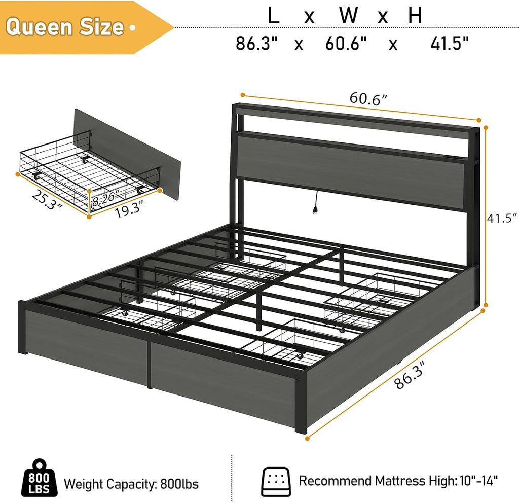 SADENICEL Queen Bed Frame with Storage Headboard and 4 Drawers, Metal Platform Bed Frame with LED Light, Charging Station, No Box Spring Needed, Noise Free, Easy Assembly, Rustic Grey