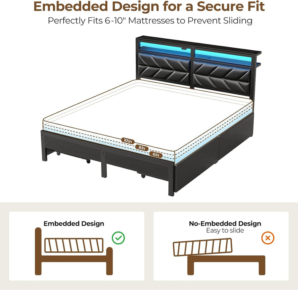 Seventable Queen Bed Frame with 4 Storage Drawers, Charging Station & LED Lights, Upholstered Headboard with 2-Tier Shelves, Metal Platform Bed, No Box Spring Needed, Noise-Free, Black