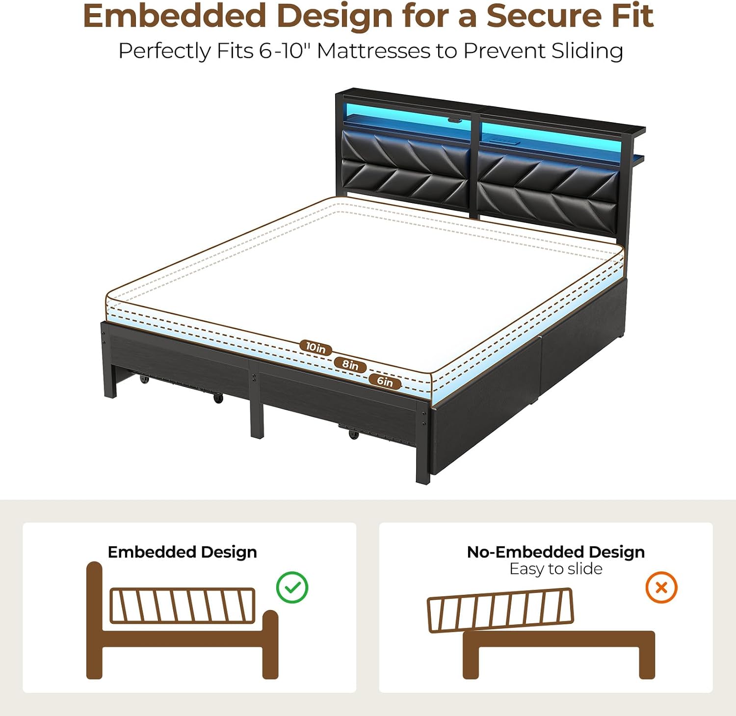 Seventable Queen Bed Frame with 4 Storage Drawers, Charging Station & LED Lights, Upholstered Headboard with 2-Tier Shelves, Metal Platform Bed, No Box Spring Needed, Noise-Free, Black