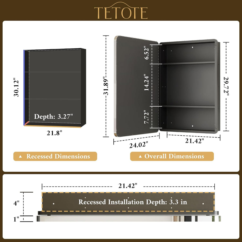TETOTE 24 X 32 Medicine Cabinet Mirror Polished Chrome Stainless Steel Framed Bathroom Mirror Cabinet with Adjustable Shelves Recessed Mounted/Surface Mounted Medicine Cabinet with Mirror