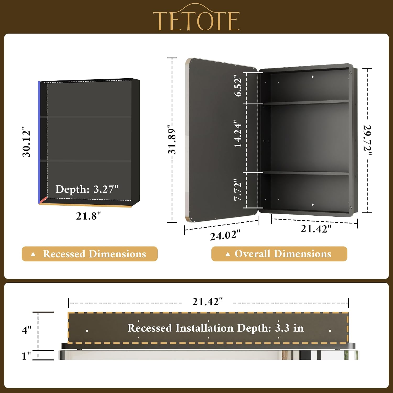 TETOTE 24 X 32 Medicine Cabinet Mirror Polished Chrome Stainless Steel Framed Bathroom Mirror Cabinet with Adjustable Shelves Recessed Mounted/Surface Mounted Medicine Cabinet with Mirror