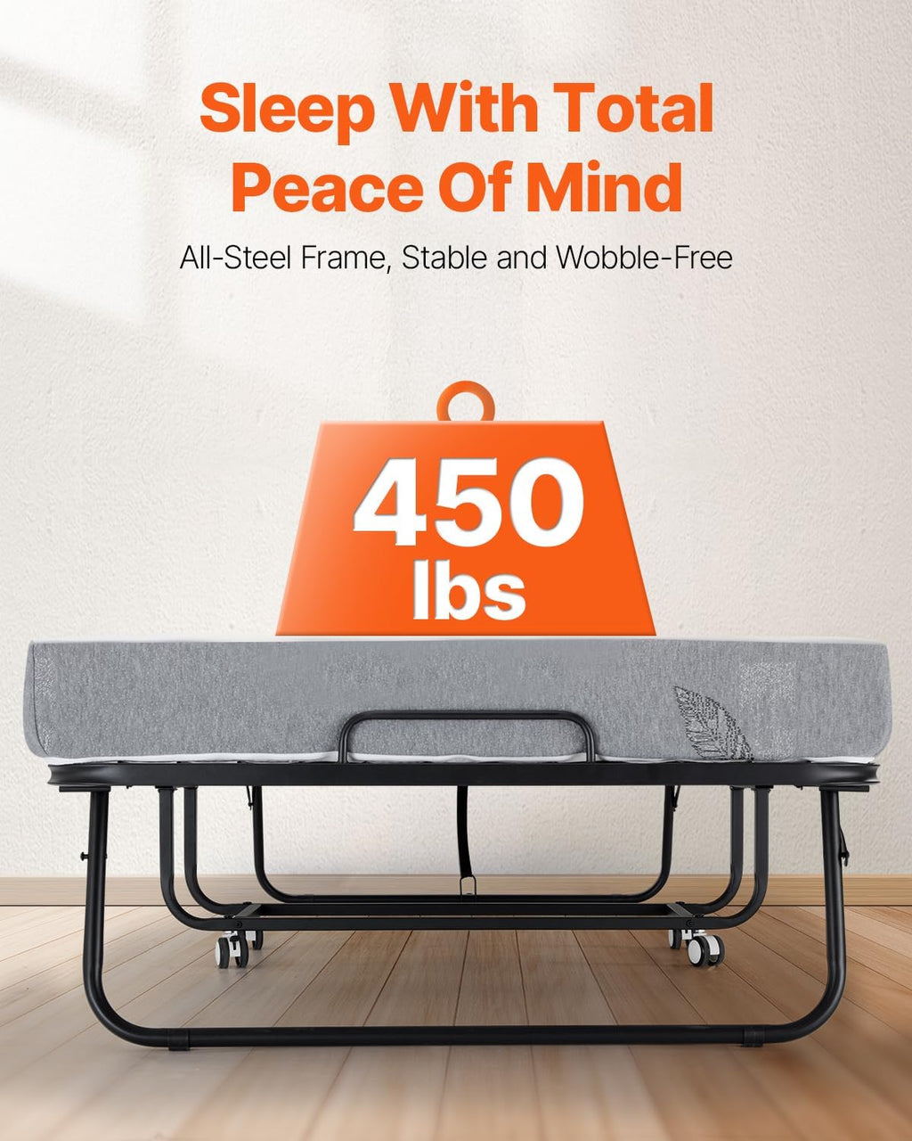 VEVOR 38 in x 75 in Folding Bed with 5 in Mattress, Twin Size, White, Metal Frame & Memory Foam Mattress, Portable Rollaway Bed, 450 lbs Weight Capacity, Adult Guest Bed