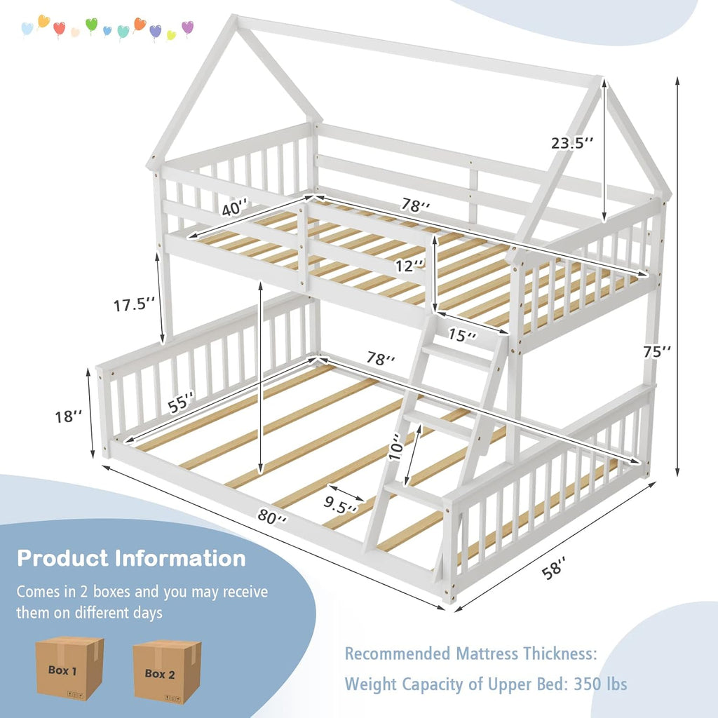 KOMFOTT Wood Twin Over Full House Bunk Bed with Built in Ladder, Solid Pine Wood Bunk Bed Frame with Safety Guardrails, House Bunk Bed Frame for Kids, Teens, Juniors, No Box Spring Needed (White)