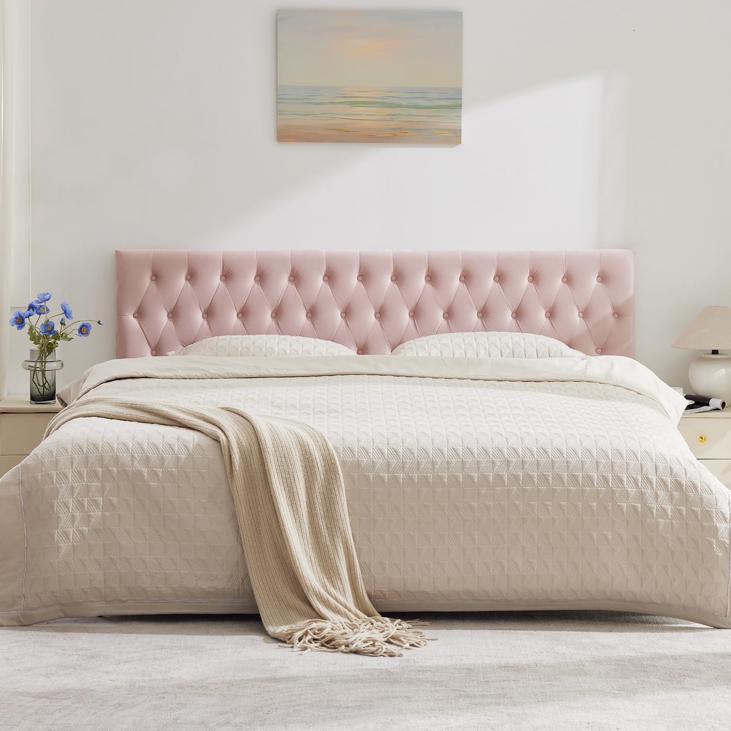 Kingfun Cal King Headboard only, Premium Velvet Upholstered Headboards in Modern Button Design, Tufted Bed Headboard, Adjustable Solid Wood Head Board (Pink)