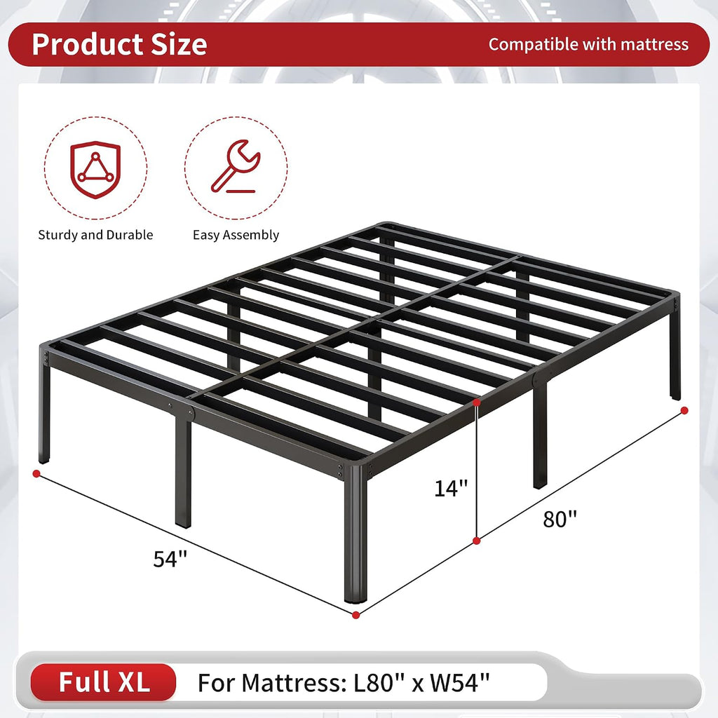 Yicensen 14 Inch Full XL Bed Frame No Box Spring Needed Heavy Duty Metal Full XL Platform Bed Frame with Rounded Corner Legs, Easy Assembly, Noise Free, Black