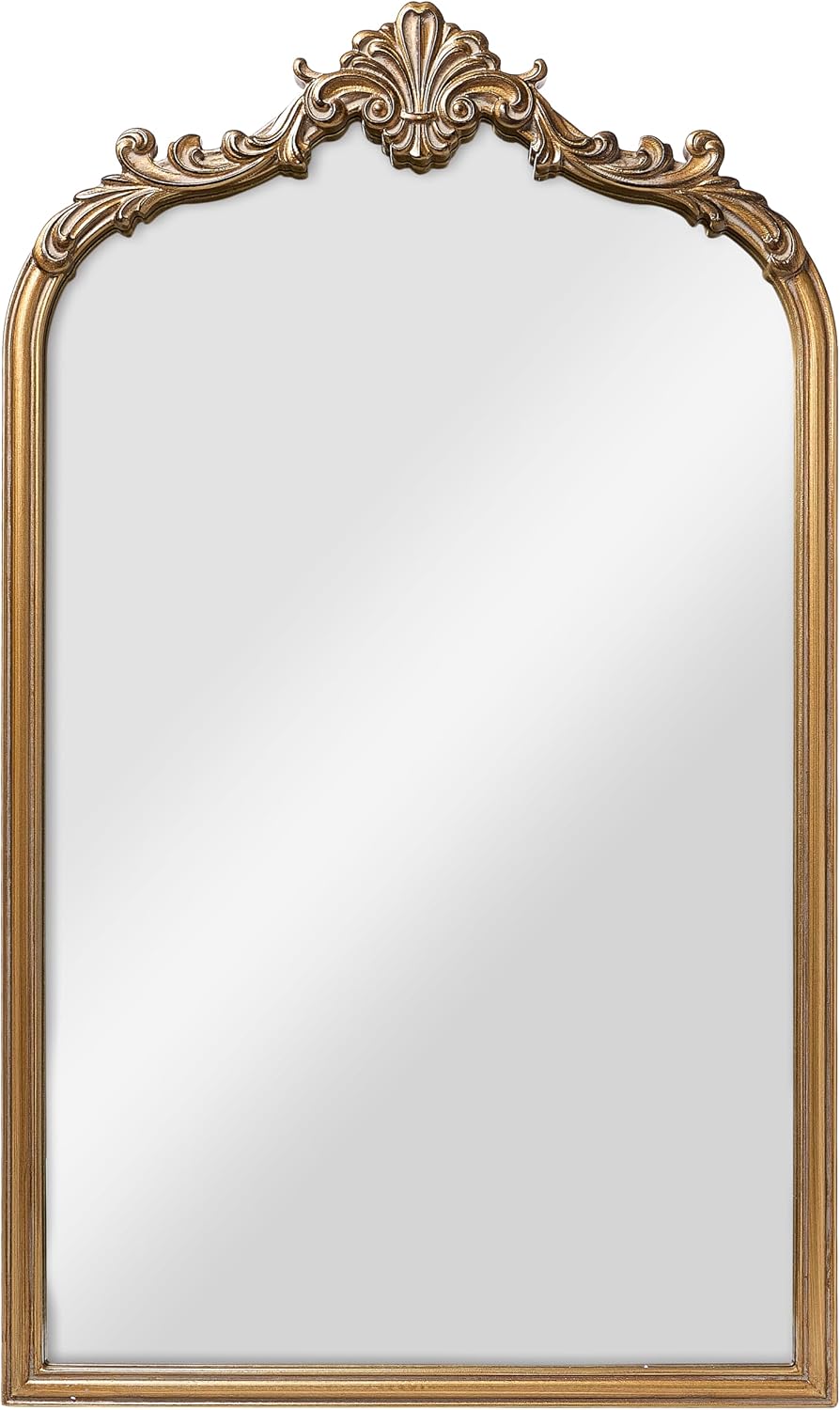 Wylde Iris English Estate Carved Arch Wood Wall Mirror, Mirror for Entryway, Living Room, Bathroom, Antique Gold, 20.4x33