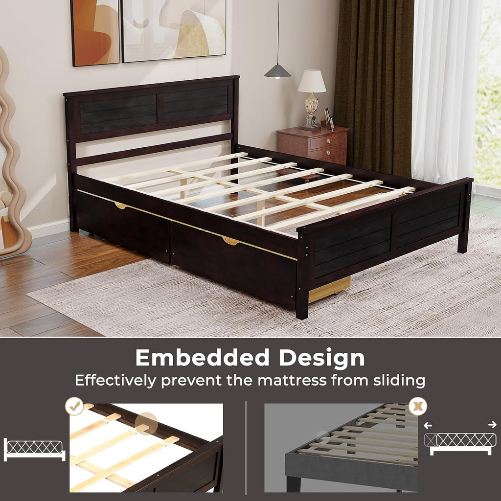 Giantex Wood Full Size Bed Frame with 2 Storage Drawers, Solid Wood Platform Bed with Headboard, Wooden Slats Mattress Foundation, No Spring Needed, Full Bed Frame for Kids, Teens, Adults, Espresso