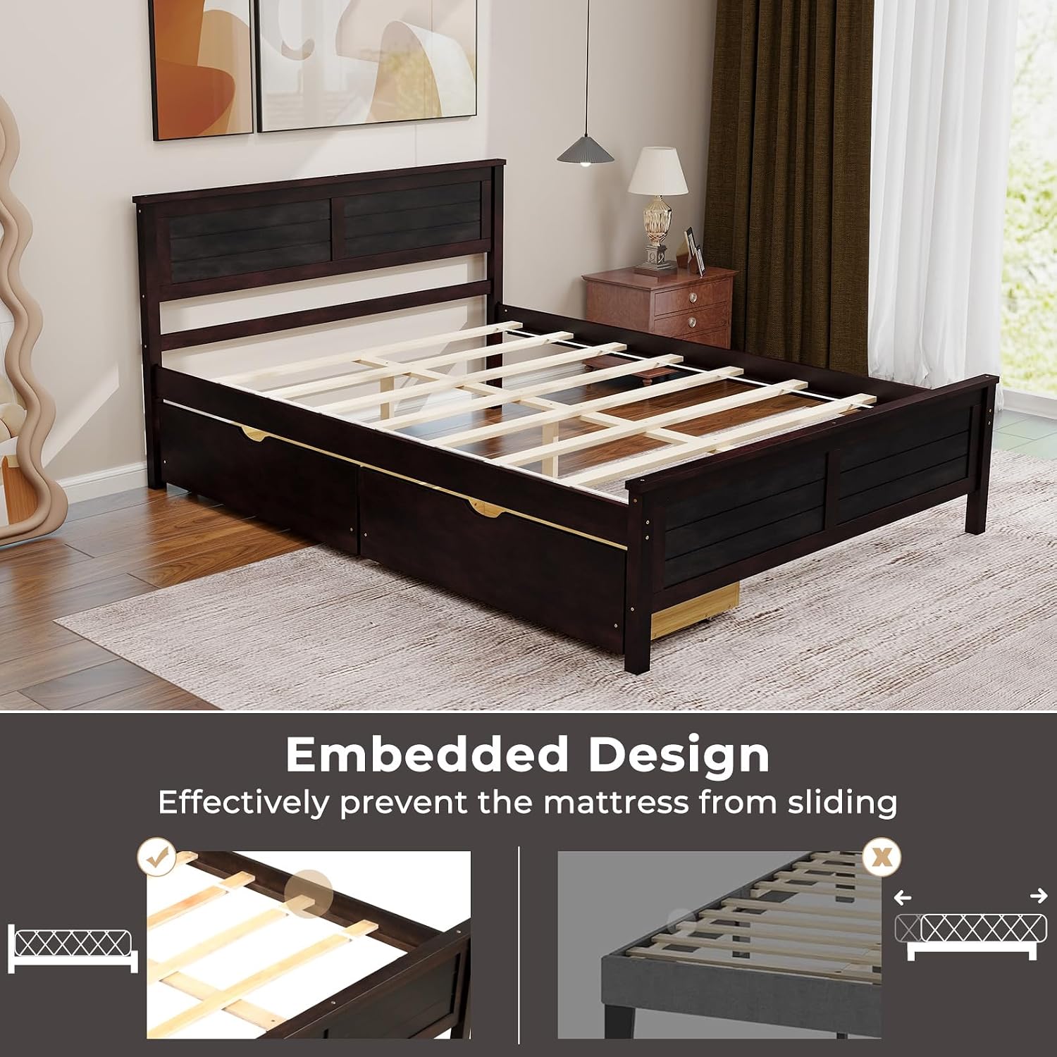 Giantex Wood Full Size Bed Frame with 2 Storage Drawers, Solid Wood Platform Bed with Headboard, Wooden Slats Mattress Foundation, No Spring Needed, Full Bed Frame for Kids, Teens, Adults, Espresso