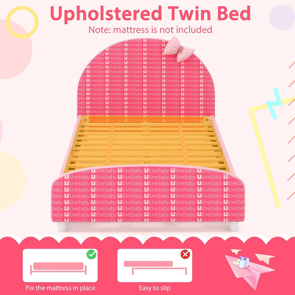 Costzon Twin Bed Frames for Kids, Wood Upholstered Twin Bed Platform with Slat Support, Padded Headboard&Footboard, No Box Spring Needed, Easy Assembly, Fits Standard Twin Mattress (Bow Tie)