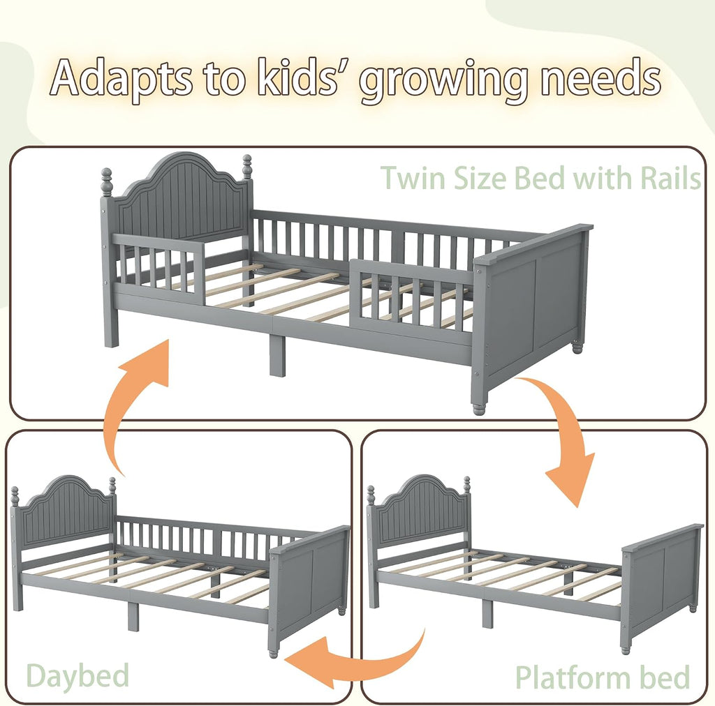 Twin Kids Bed Frame with Full-Length Guardrails, Low Profile Wood Platform Bed with Headboard & Footboard, Removable Safety Rails, 6.7' Under-Bed Storage, Roman Column Design, Twin Size, Gray