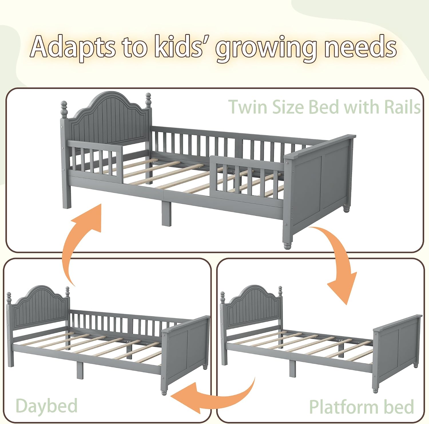Twin Kids Bed Frame with Full-Length Guardrails, Low Profile Wood Platform Bed with Headboard & Footboard, Removable Safety Rails, 6.7' Under-Bed Storage, Roman Column Design, Twin Size, Gray