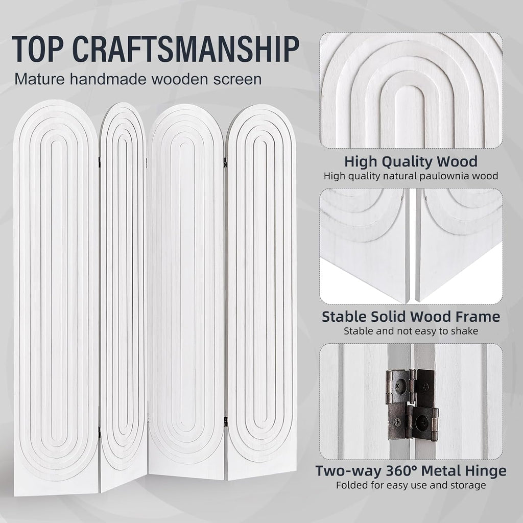 4 Panel Room Divider and Folding Privacy Screen, Foldable Wood Arched Room Divider Wall, Portable Partition Screen, Room Partition Divider for Room Separation for Home Office Bedroom, White