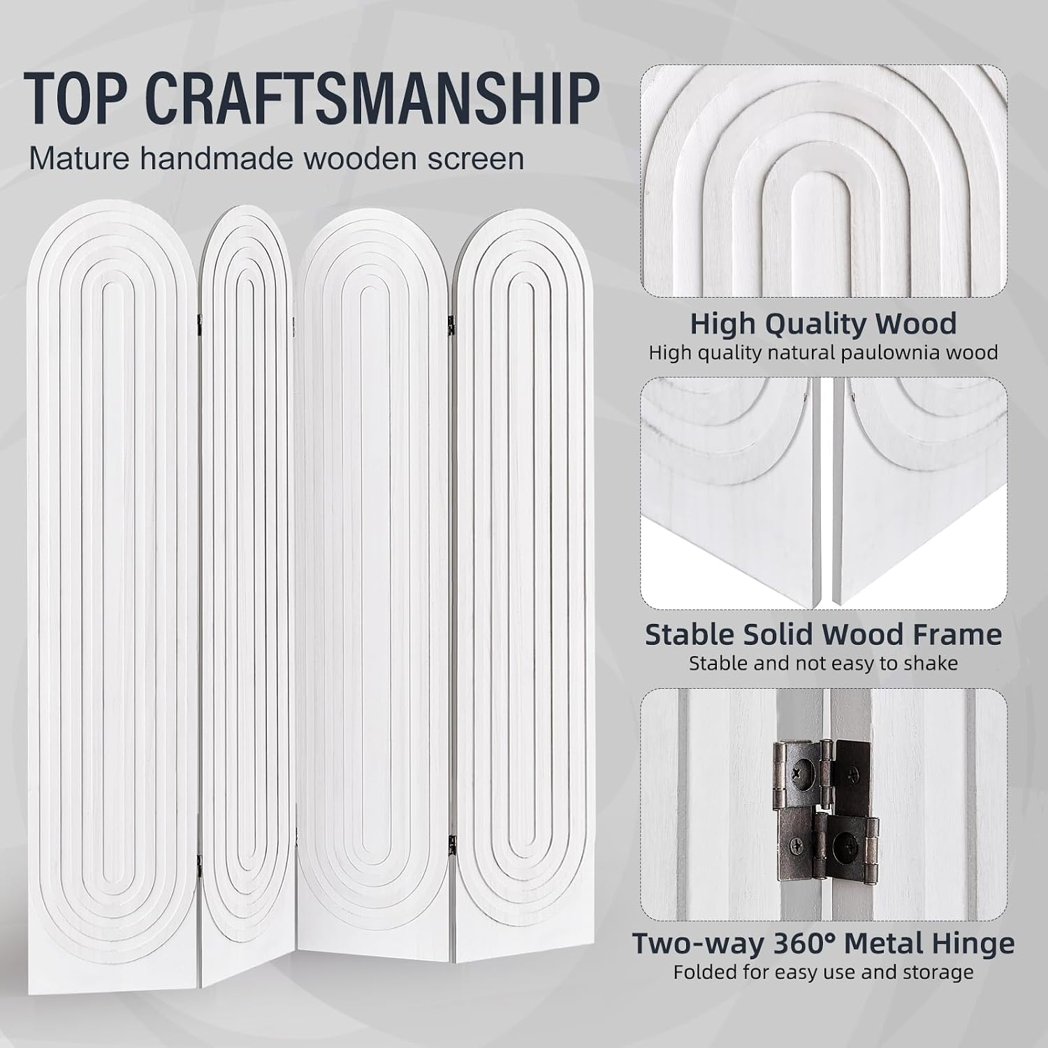 4 Panel Room Divider and Folding Privacy Screen, Foldable Wood Arched Room Divider Wall, Portable Partition Screen, Room Partition Divider for Room Separation for Home Office Bedroom, White