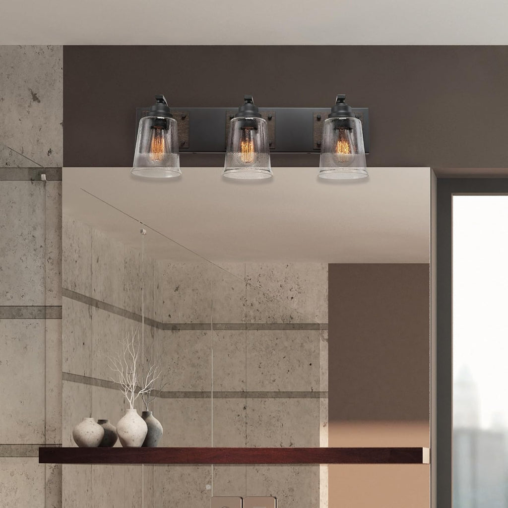 Globe Electric 51852 3-Light Vanity Light, Bathroom Wall Fixture, Matte Black and Dark Faux Wood Finish, Clear Seeded Glass Shades, E26 Base, Dimmable