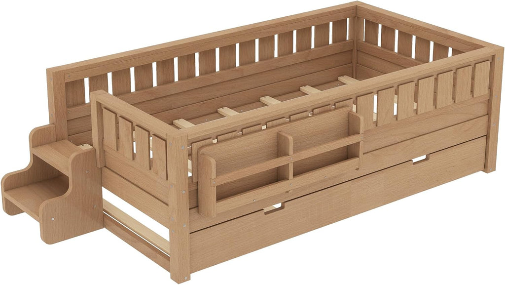 Bellemave Twin Bed with Trundle Twin and Stairs, Twin Size Platform Bed Frame with Fence and Bookshelf, Easy Assemble Beds for Kids, Girls, Boys, Natural