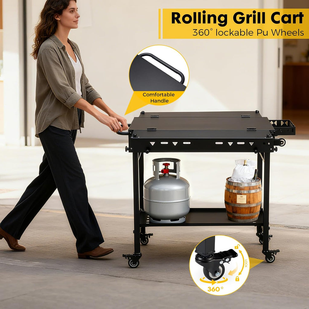 Portable Outdoor Grill Table with Wheels, Heavy-Duty Steel Prep Table, Folding Griddle Stand with Shelves, Bottle Opener, No Assembly Required, for BBQ, Pizza Oven, Patio