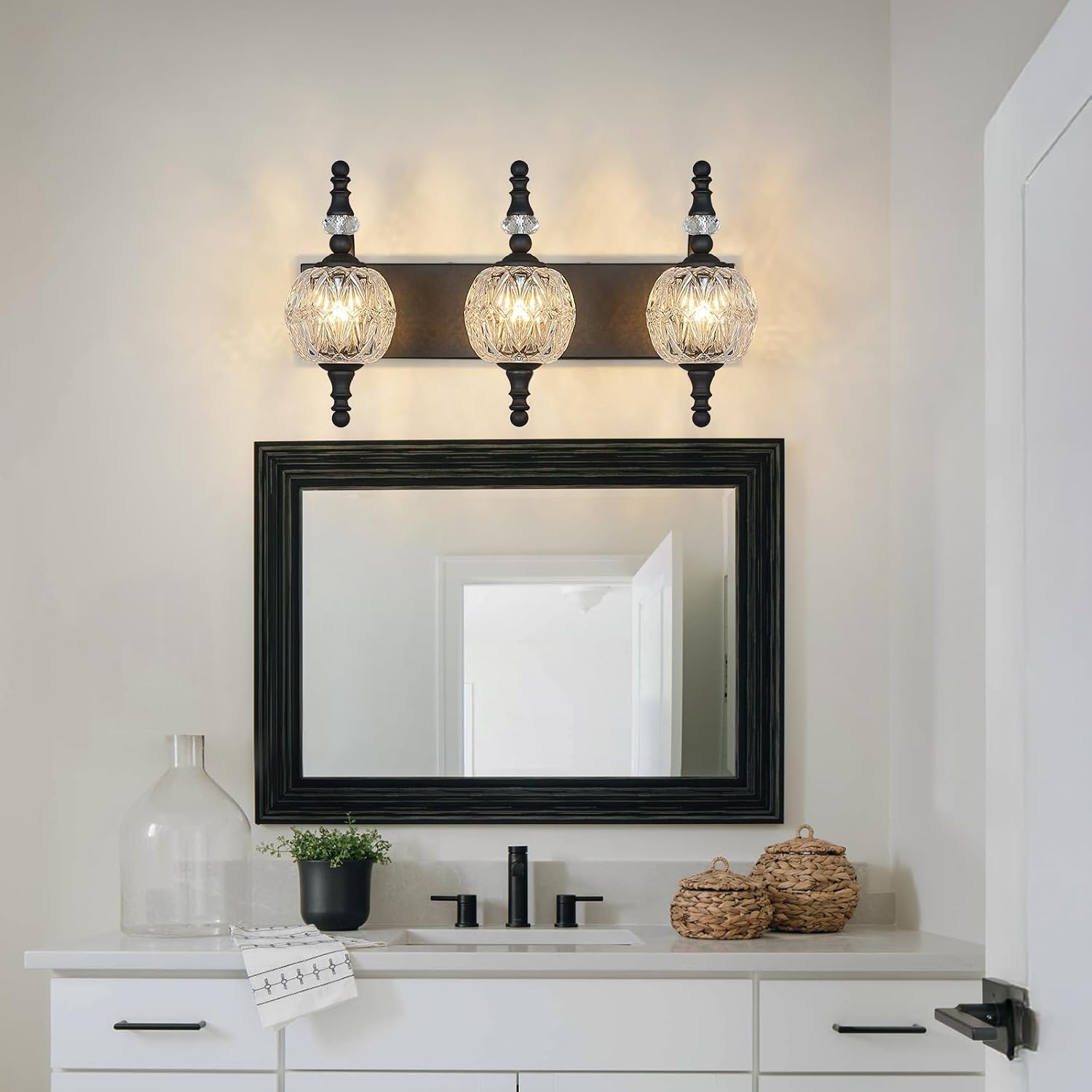Modern Crystal Bathroom Vanity Lights Fixtures Over Mirror Black Vintage 3-Lights 20 Inch Bathroom Light Fixtures Glass Crystal Vanity Lights