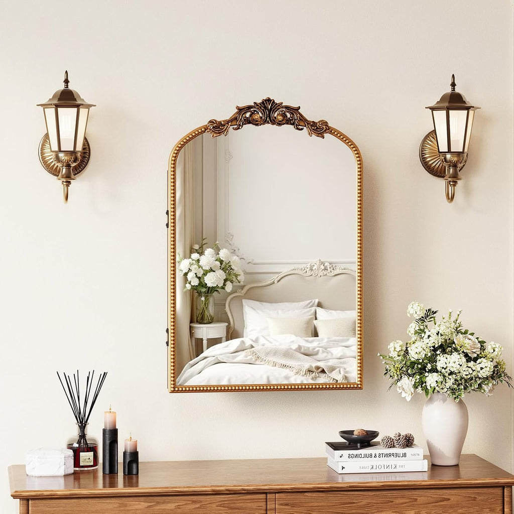 Bathroom Medicine Cabinet with Mirror, Sturdy, Durable & Easy Installation, Vintage Metal Frame (Gold Beads, 16'x24')