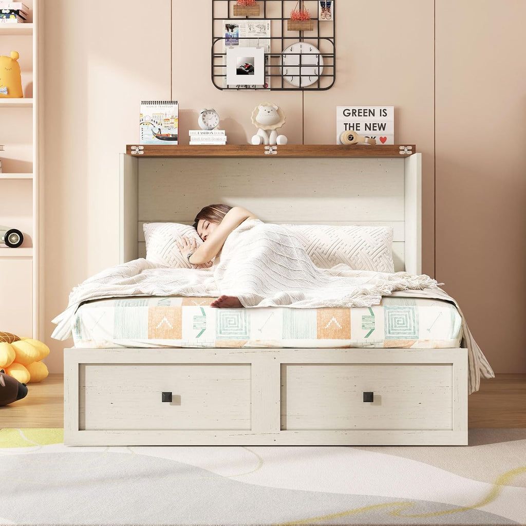 AMERLIFE Full Murphy Bed with Storage & Charging Station, Farmhouse Murphy Cabinet with Foldable Panel, Noisy Free, for Guest Bedroom, Living Room, Office, Distressed White