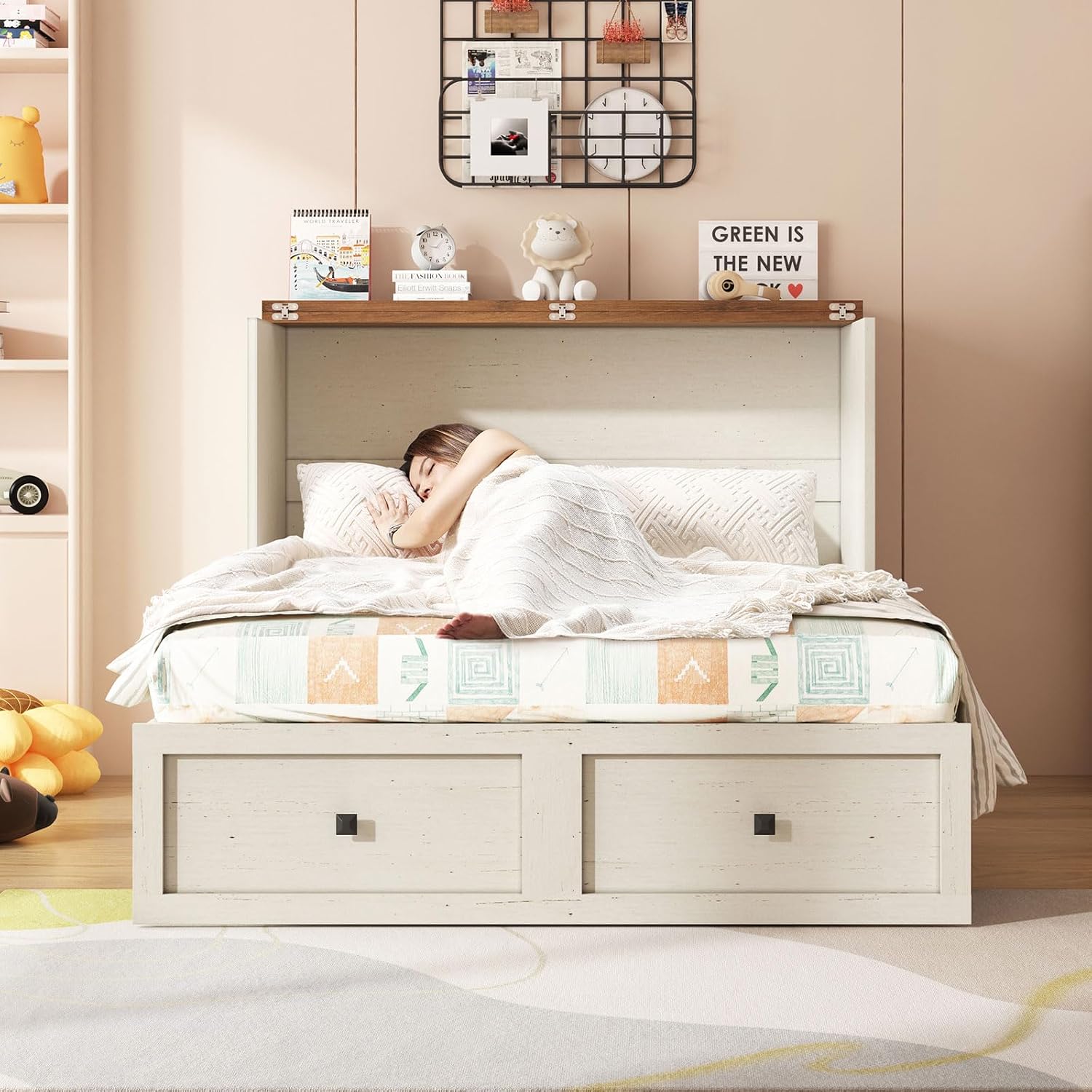 AMERLIFE Full Murphy Bed with Storage & Charging Station, Farmhouse Murphy Cabinet with Foldable Panel, Noisy Free, for Guest Bedroom, Living Room, Office, Distressed White