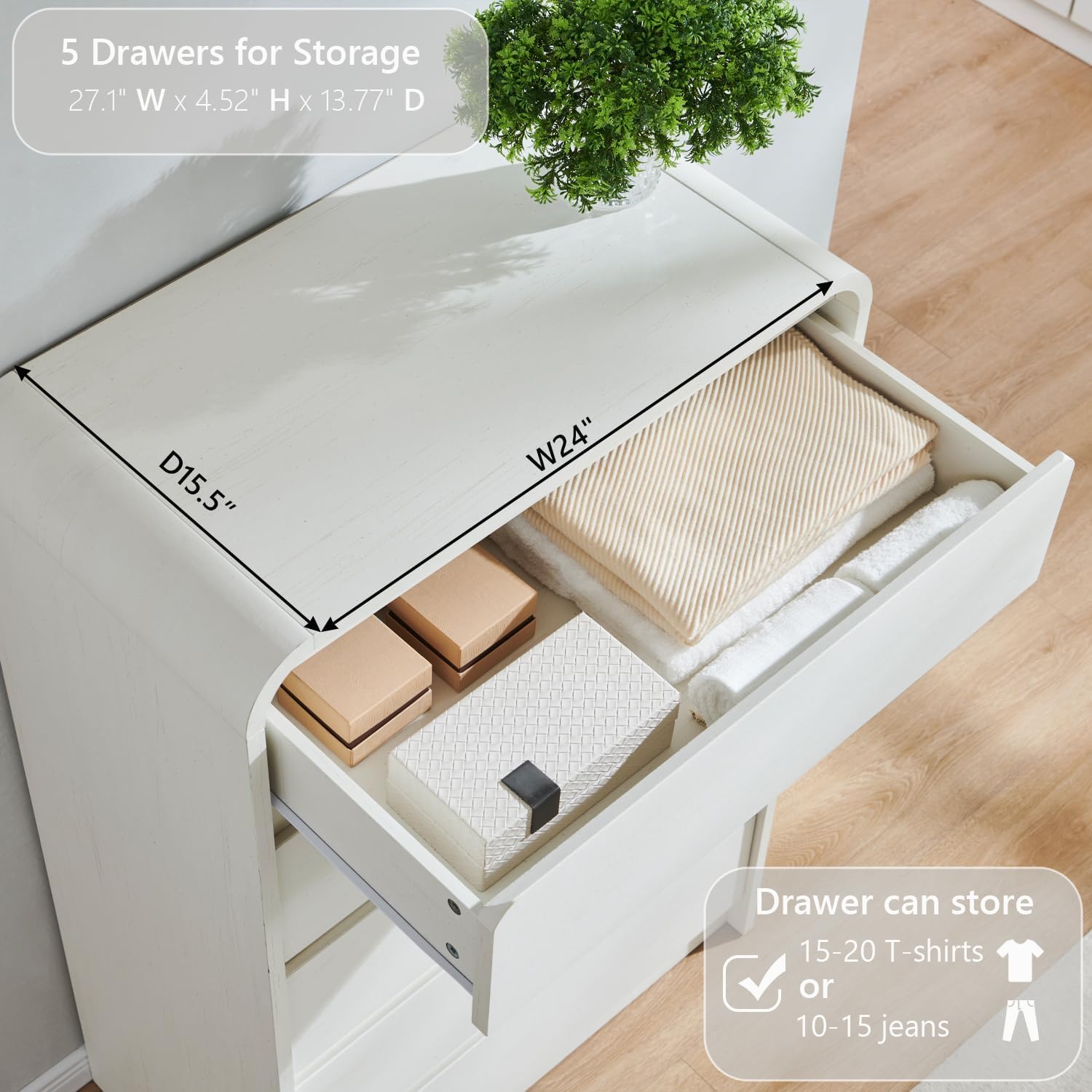 Aitjunz Modern 5 Drawers Dresser for Bedroom, 45' Tall Dressers & Chests of Drawers w/Curved Profile Design, Wood Mid Century Vertical Dresser w/Natural Texture for Bedroom, Living Room, Antique White