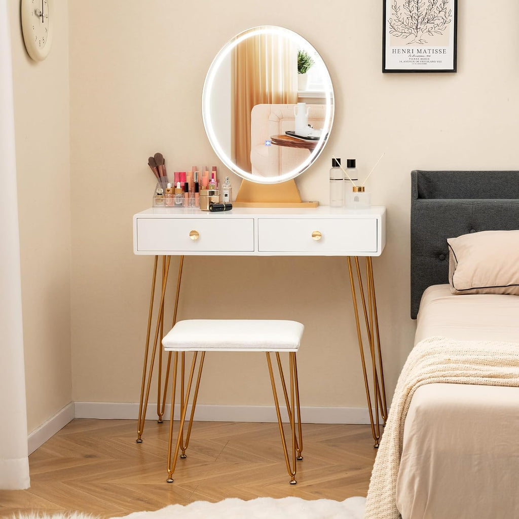 CHARMAID Makeup Vanity Table with Lighted Mirror, Vanity Desk with 2 Large Drawers, Adjustable 3 Lighting Modes, Modern Girls Bedroom Vanity Table with Chair for Small Spaces, White & Gold