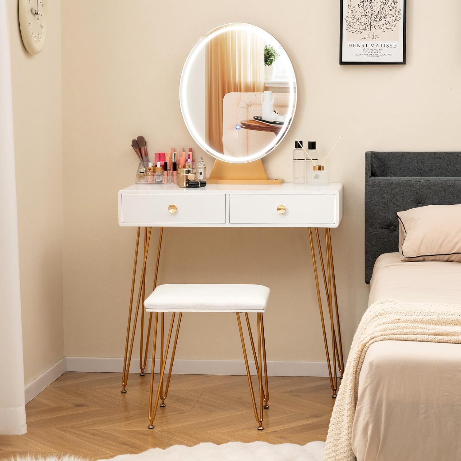 CHARMAID Makeup Vanity Table with Lighted Mirror, Vanity Desk with 2 Large Drawers, Adjustable 3 Lighting Modes, Modern Girls Bedroom Vanity Table with Chair for Small Spaces, White & Gold