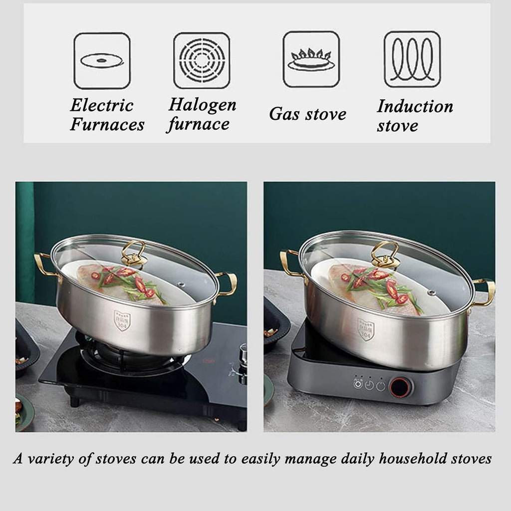 Stainless Steel Fish Steamer Elliptical Roasting Pan Multi-Use Oval Pasta Pot Braiser Stockpot with Rack, Induction Compatible Dishwasher/Oven Safe Turkey Roaster (Silver Double Layer)