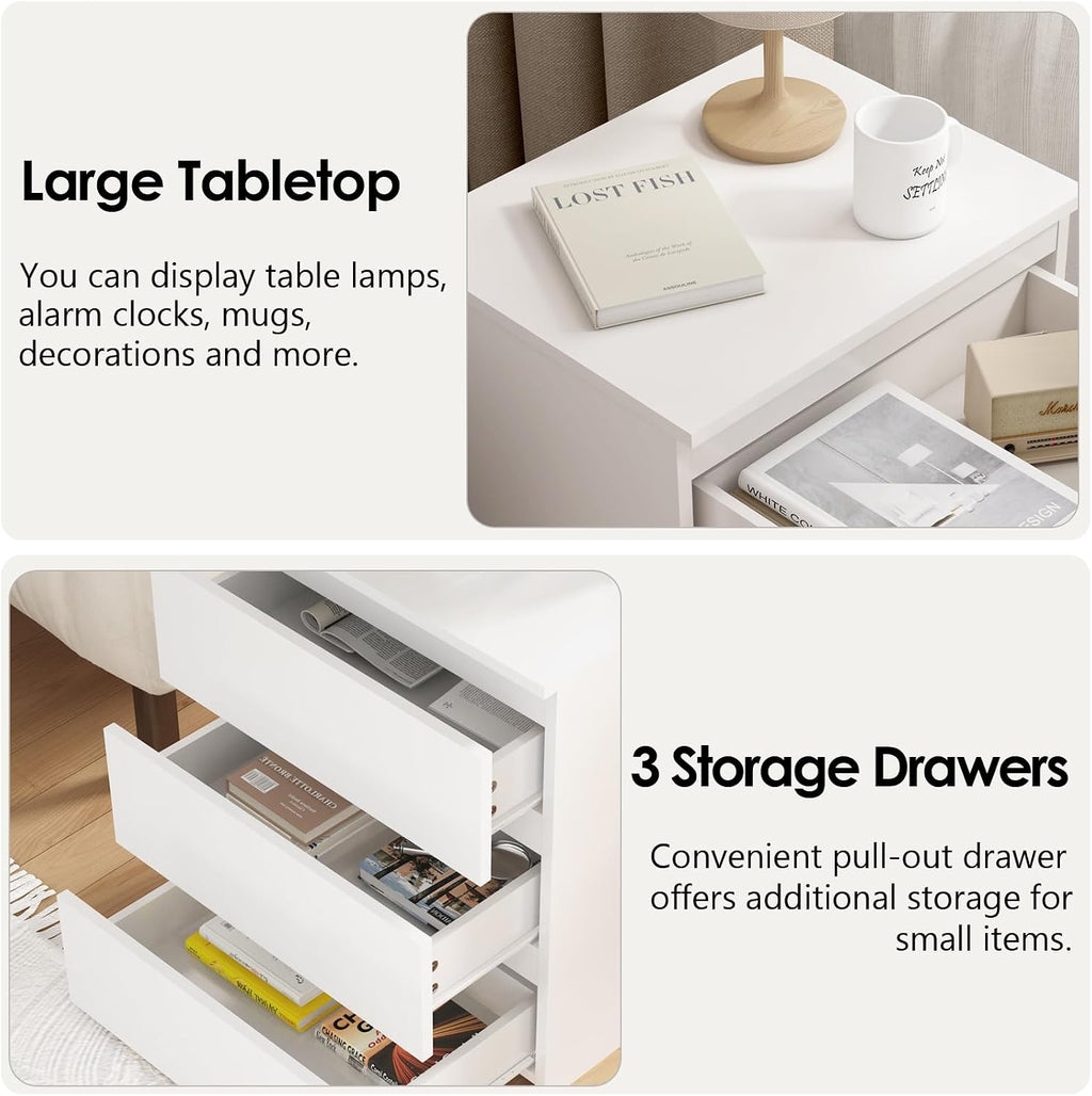 3-Drawer Nightstand & Side Storage Table, Minimalist Modern White Bedside End Tables with Ample Storage, Versatile Wooden Chest of Drawers for Bedroom, Living Room, Offices (Set of 2)