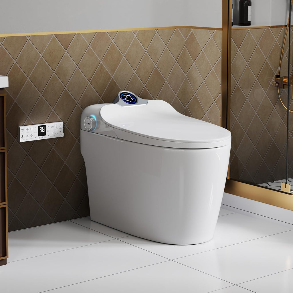 Smart Toilet with Bidet Built, Auto Open & Close, Auto Flush, Warm water massage, Heated Seat,Movement Drying, Night Light, Wireless Remote Control, Modern Tankless Elongated Toilet.