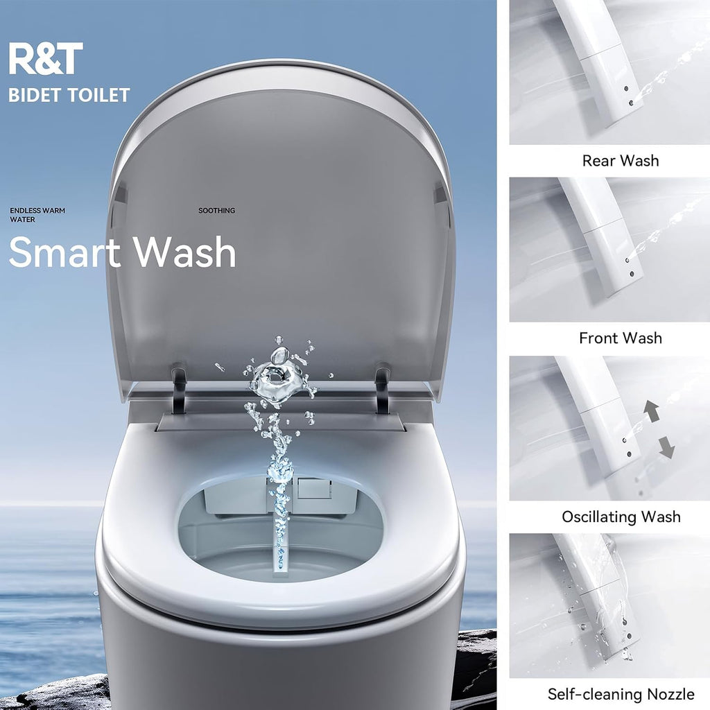 R&T Smart Toilet with Bidet Build in, One Piece Modern Toilet for Bathroom, Elongated Tankless Tolilets with Auto Flush, Night Light, Heated Seat, Warm Water, Air Dryer, Deodorization E16
