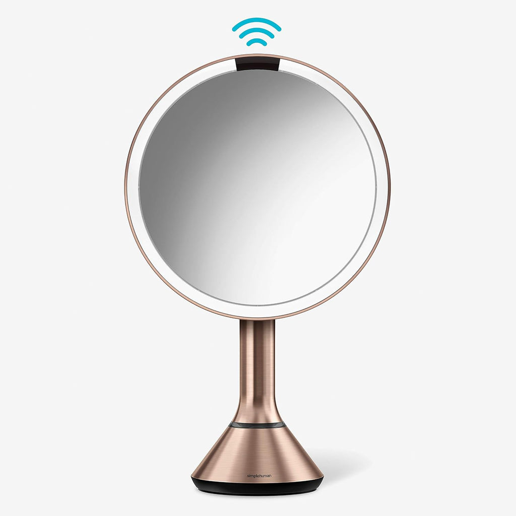 simplehuman Sensor Mirror, Lighted Makeup Mirror with Magnification (5X), 8' Round Magnifying Vanity Mirror with Lights, Cordless, Rose Gold Stainless Steel