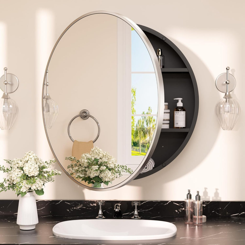 TETOTE 24 x 24 Inch Medicine Cabinet Mirror Brushed Nickel Framed Round Mirrored Medicine Cabinets for Bathroom Adjustable Shelves Modern Bathroom Mirror with Storage Wall Mounted