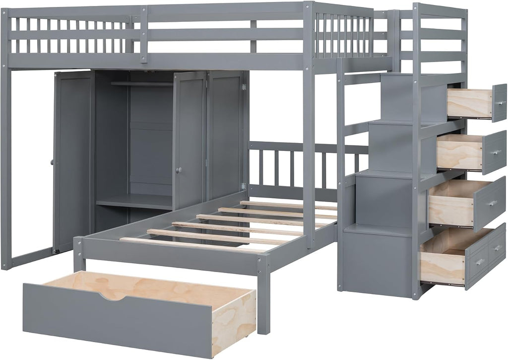 Ball & Cast Full Over Twin Bunk Bed with Safty Guardrail & Storage Stair,Wood Loft Bedframe W/Wardrobe & Drawers,Space-Saving Design,Easy Assembly,Versatile Furniture for Boys Girls Teen Bedroom,Gray